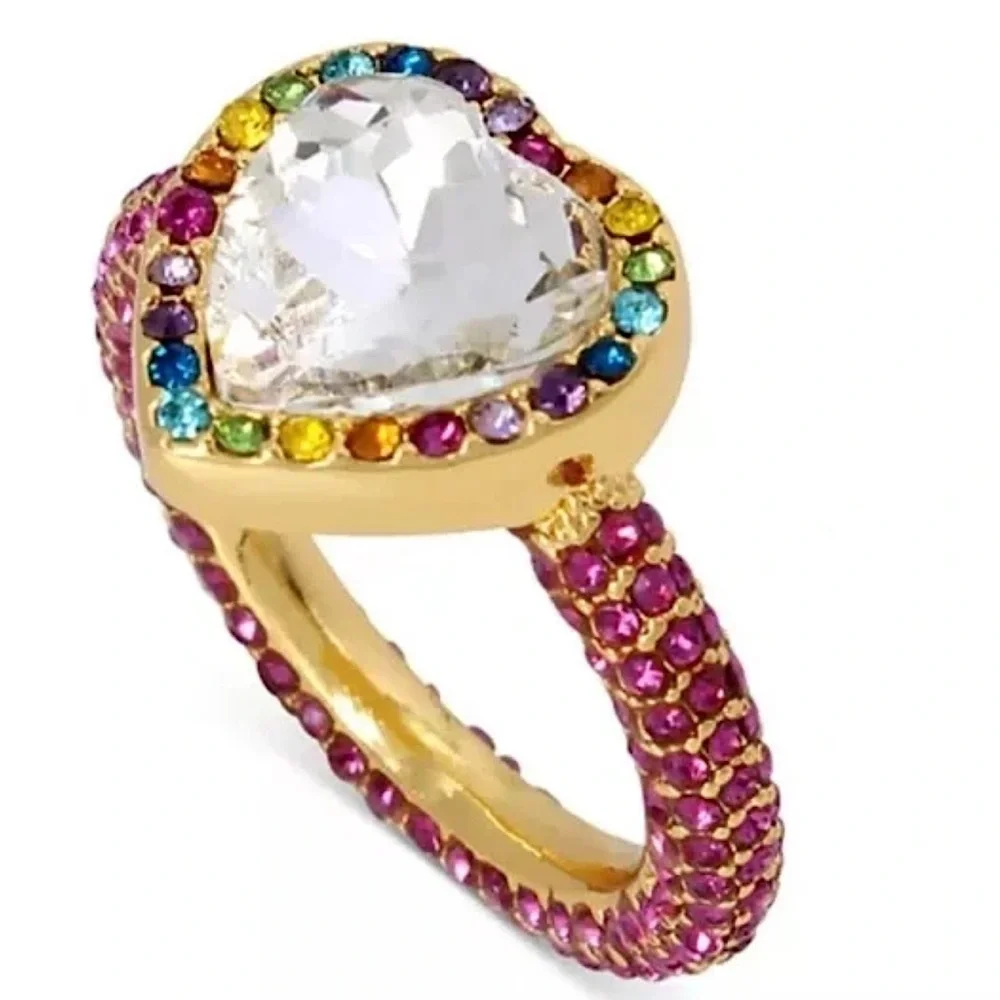 Kurt Geiger London Rainbow Crystal Heart Cocktail Ring 7 New - Picture 1 of 5